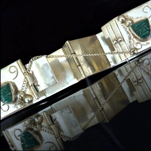 Vintage Solid 925 Sterling Silver Iguala Signed Mexico Bracelet Malachite - Picture 5 of 7